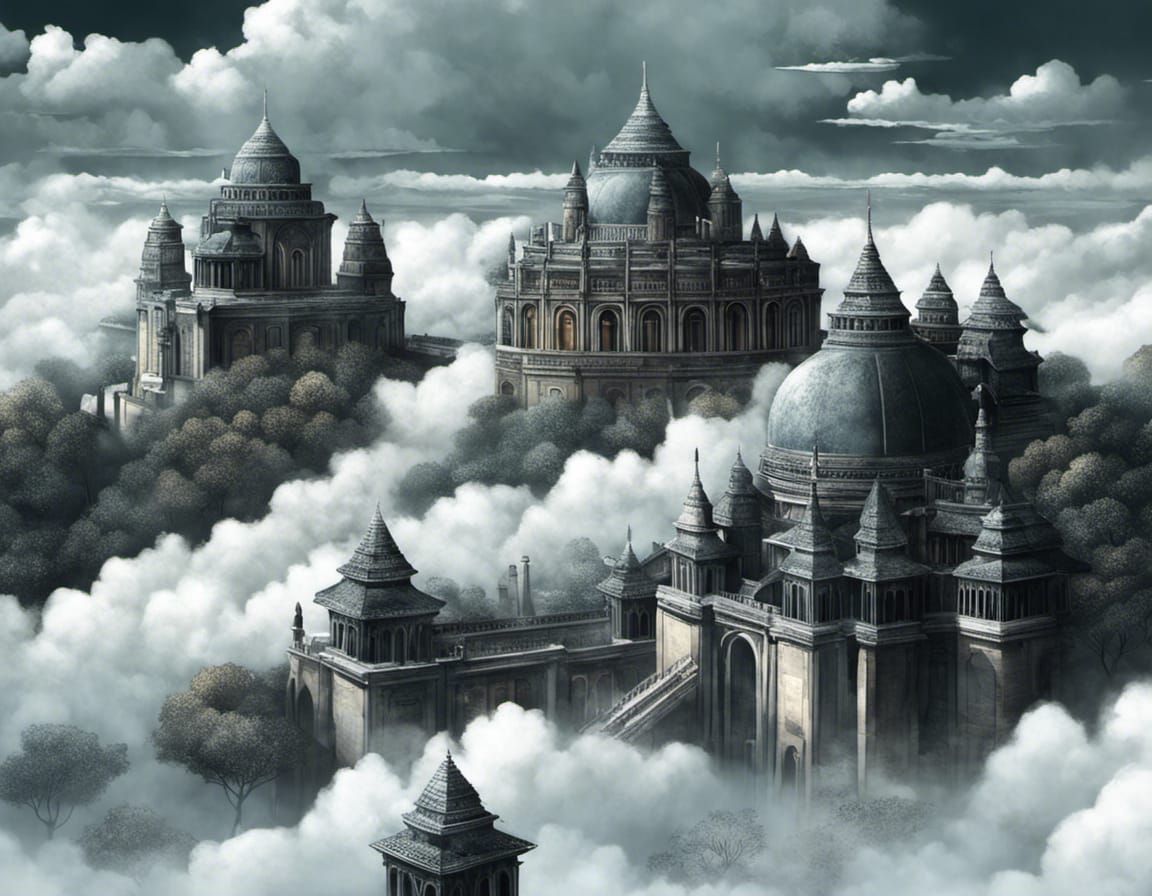 Ethereal Ancient City in Clouds at Golden Hour