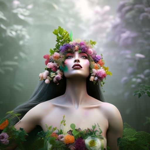 Surreal Portrait: Woman of Trees, Flowers, and Clouds
