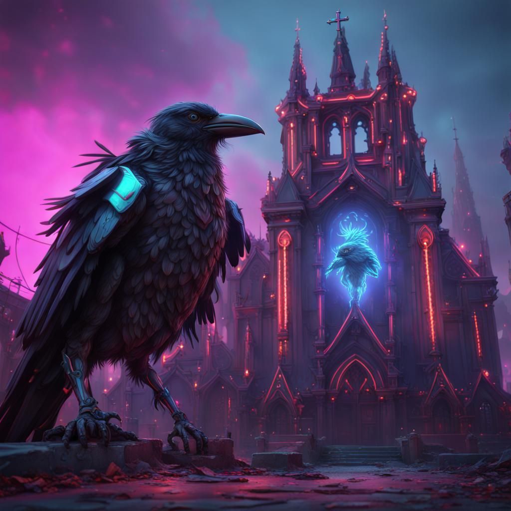 Neon Goth Robot Crow in Detailed Digital Art