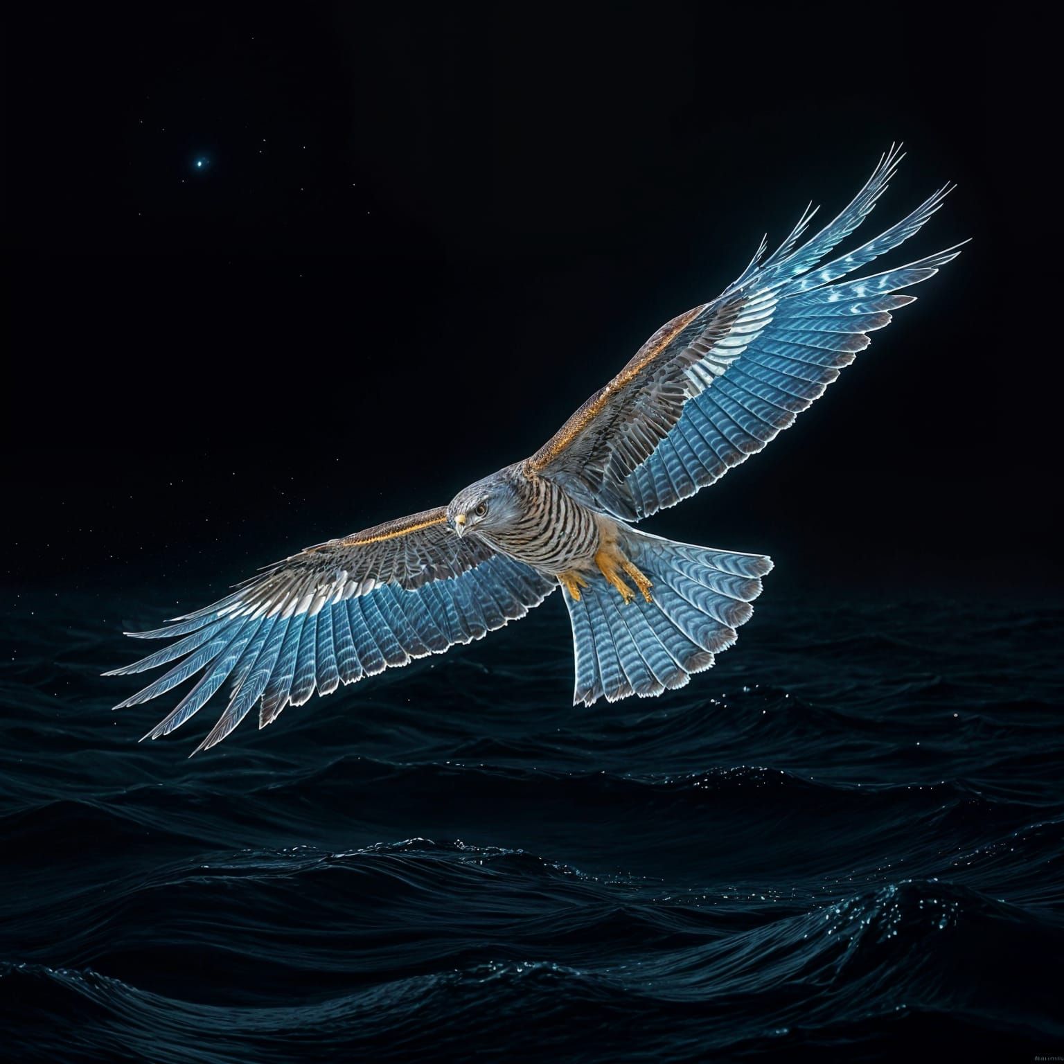 Bioluminescent Hawk Soaring Above Dark Ocean