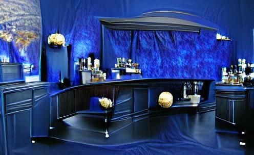 Elegant Dark Blue Velvet Bar Interior