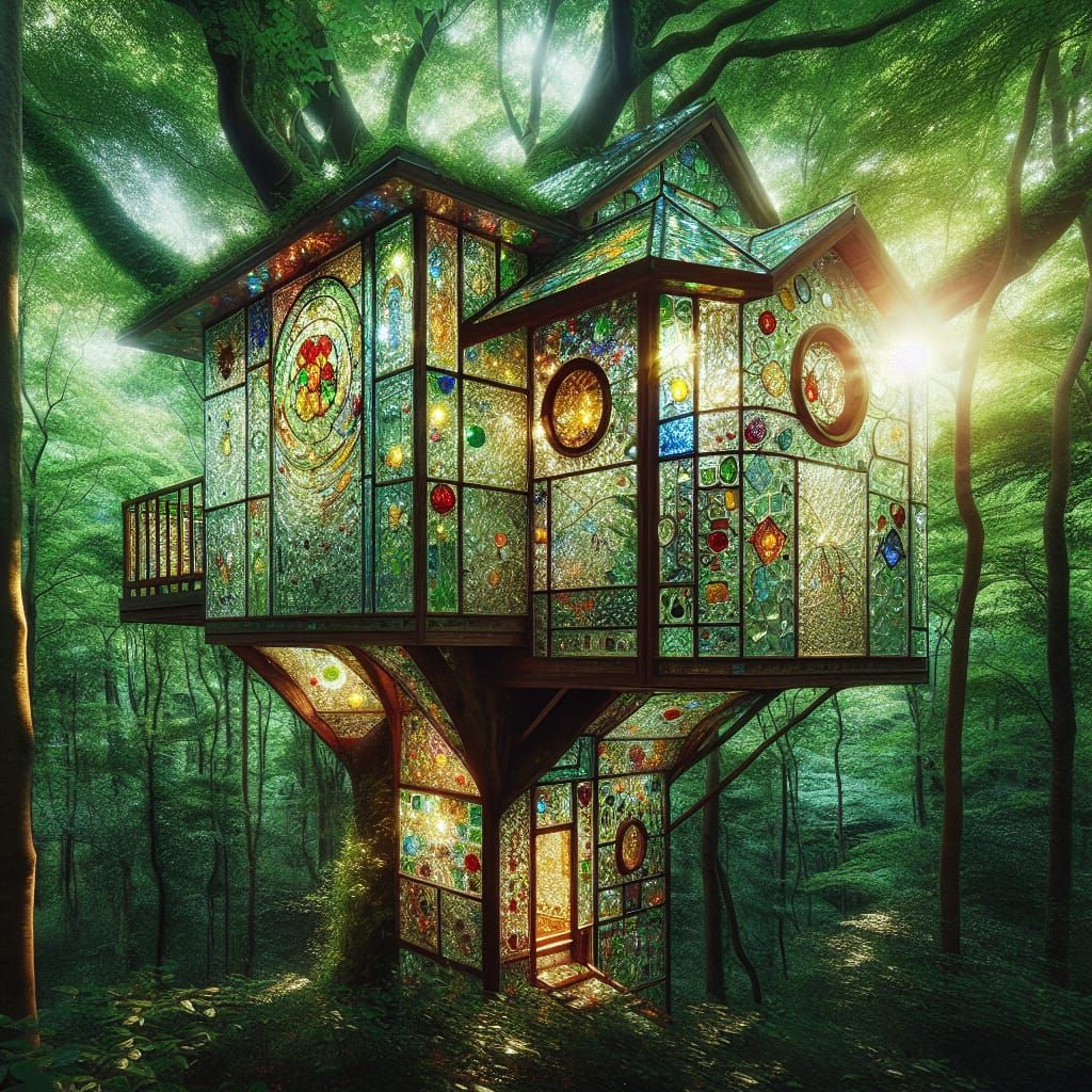 Stained Glass Treehouse in Lush Forest