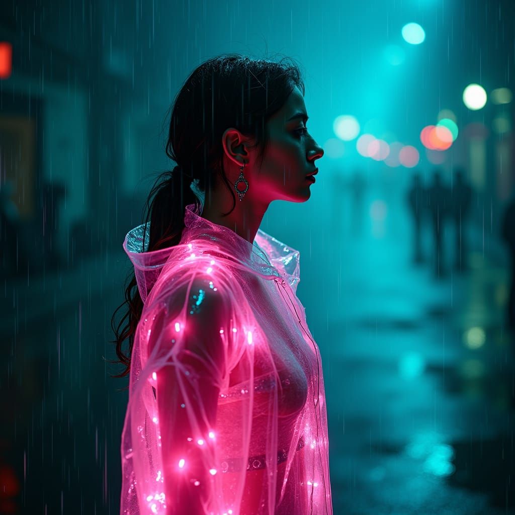 Neon Woman in Cyberpunk Style Rain