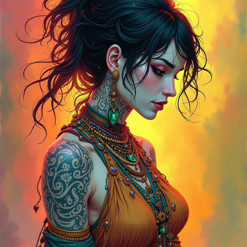 Pale Witch with Tribal Tattoos in Dreamlike Style