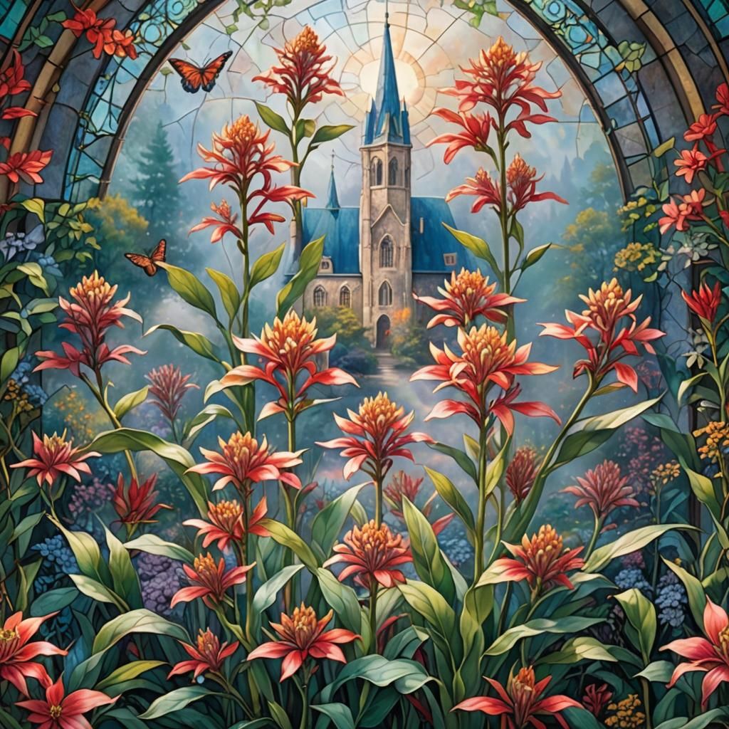 Ethereal Stained Glass Milkweed Flower in Cathedral