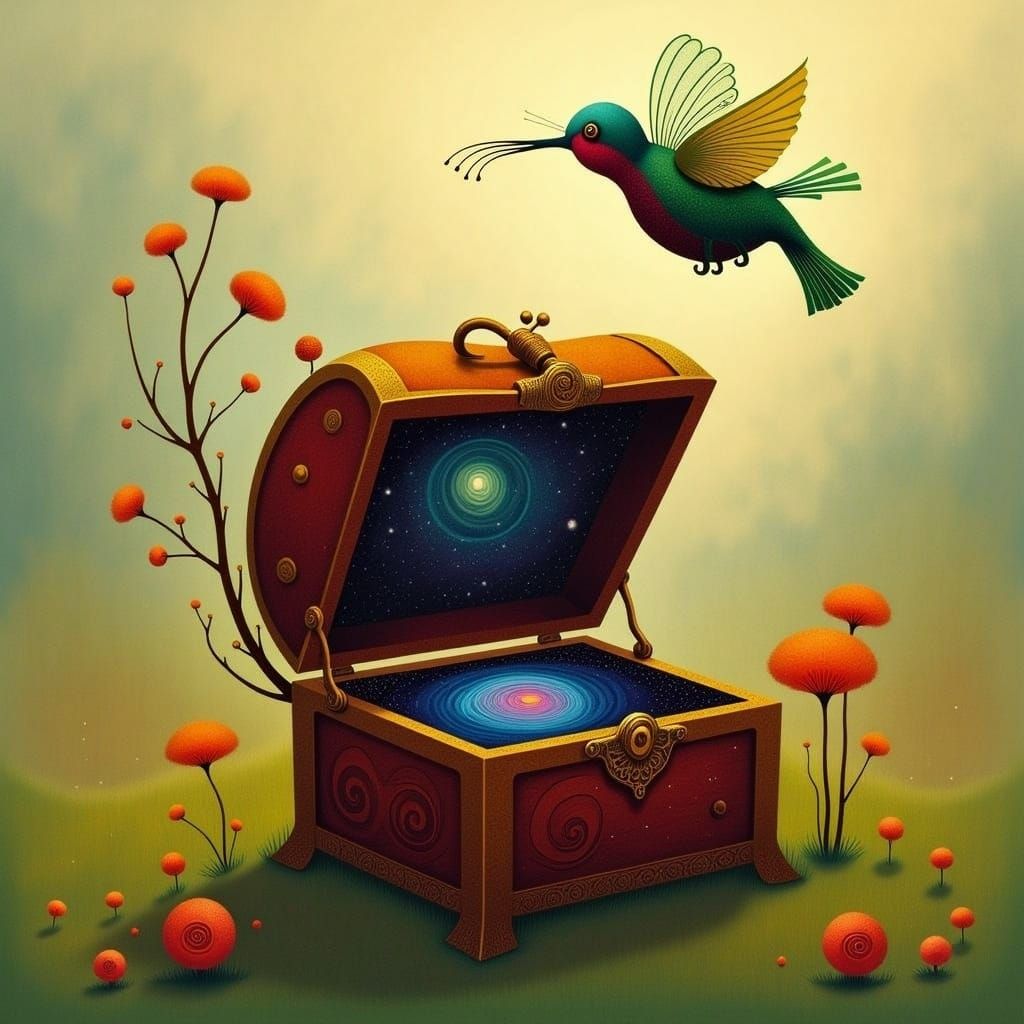 Mechanical Hummingbird Reveals Galaxy in Treasure Chest