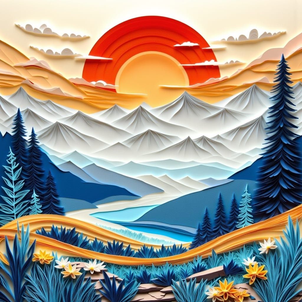 Papercut Cranes at Sunrise in Romantic Illustration Style