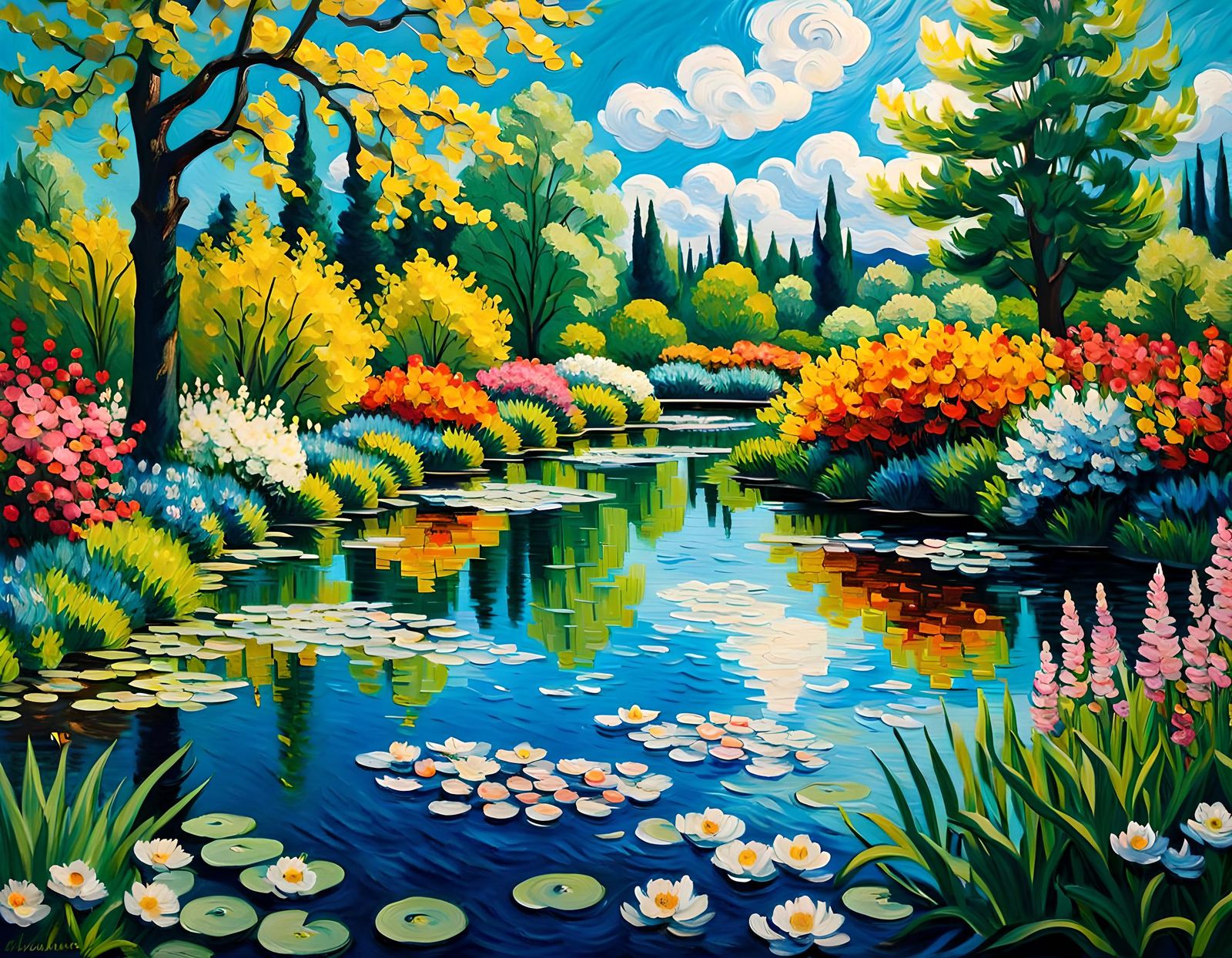 Pond Reflects Vivid Gardens: Van Gogh-Style Impasto Painting