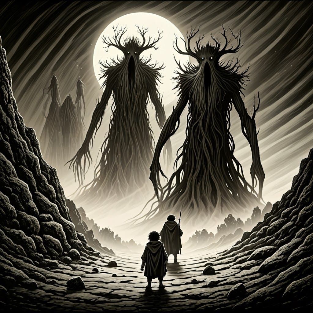 Tolkien's Ents in Mordor, a Monochromatic Sketch