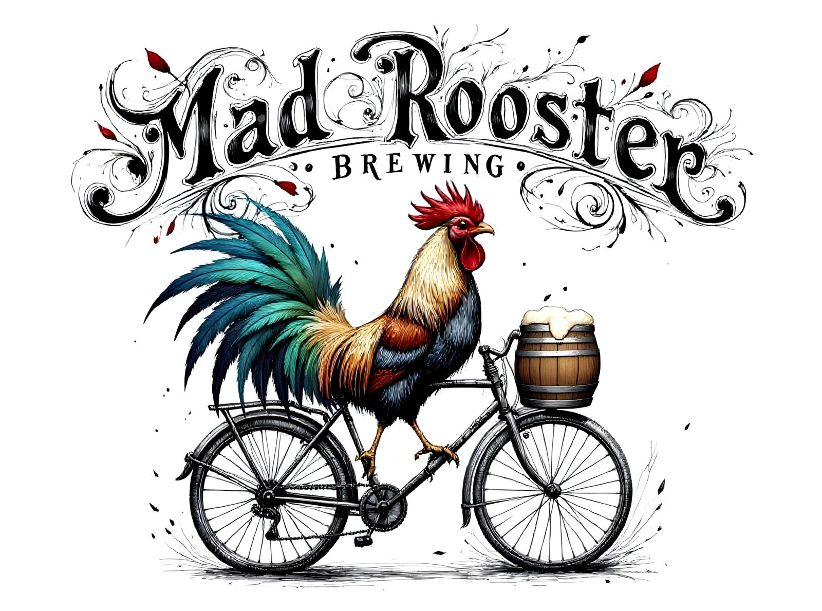 Rooster Rides Bicycle: A Monochrome Ink Drawing