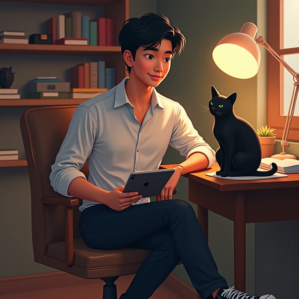 Young Man in Cozy Study, Spider-Verse Inspired 3D Animation