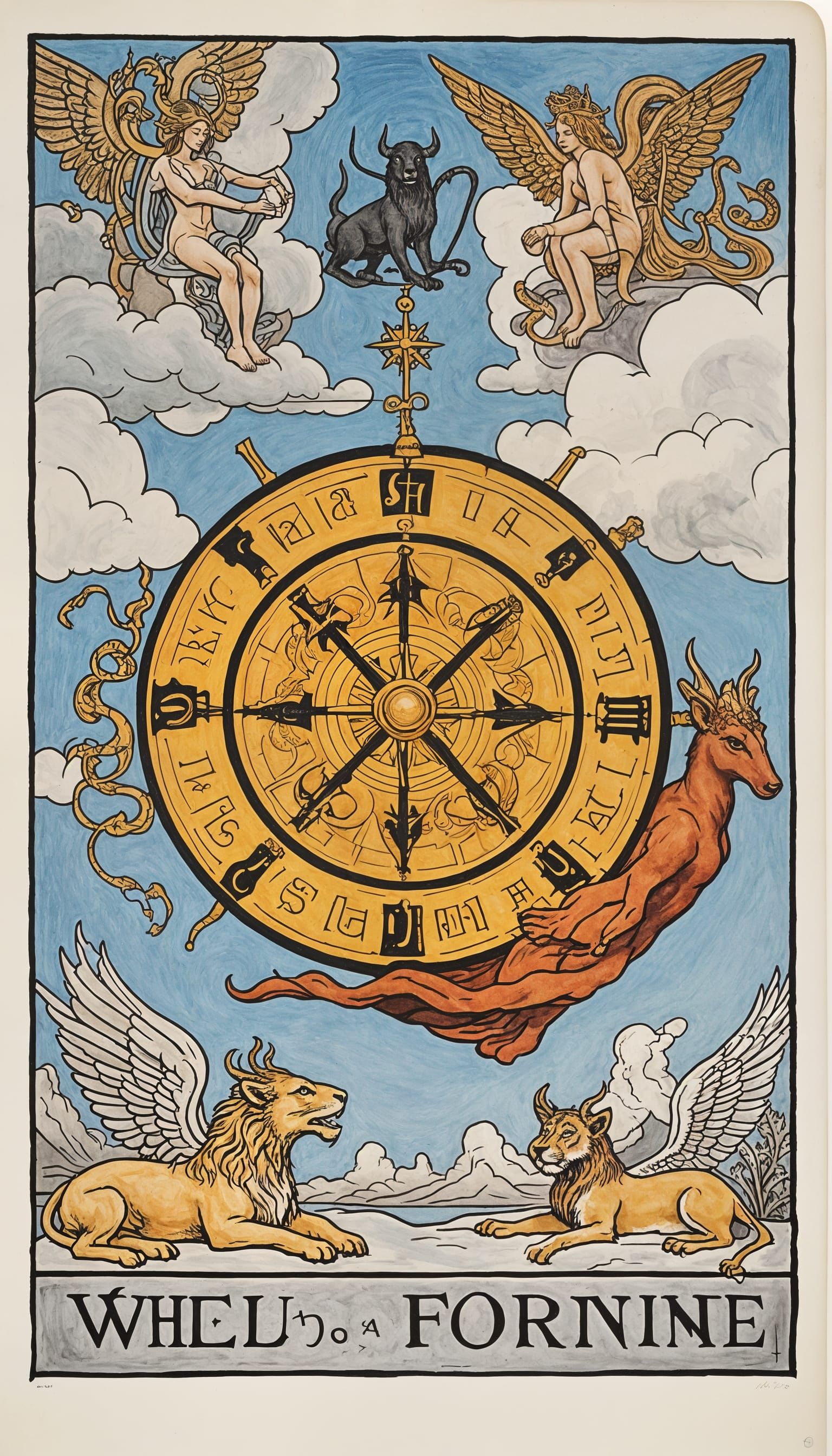 Golden Wheel of Fortune with Mystical Symbols and Celestial ...