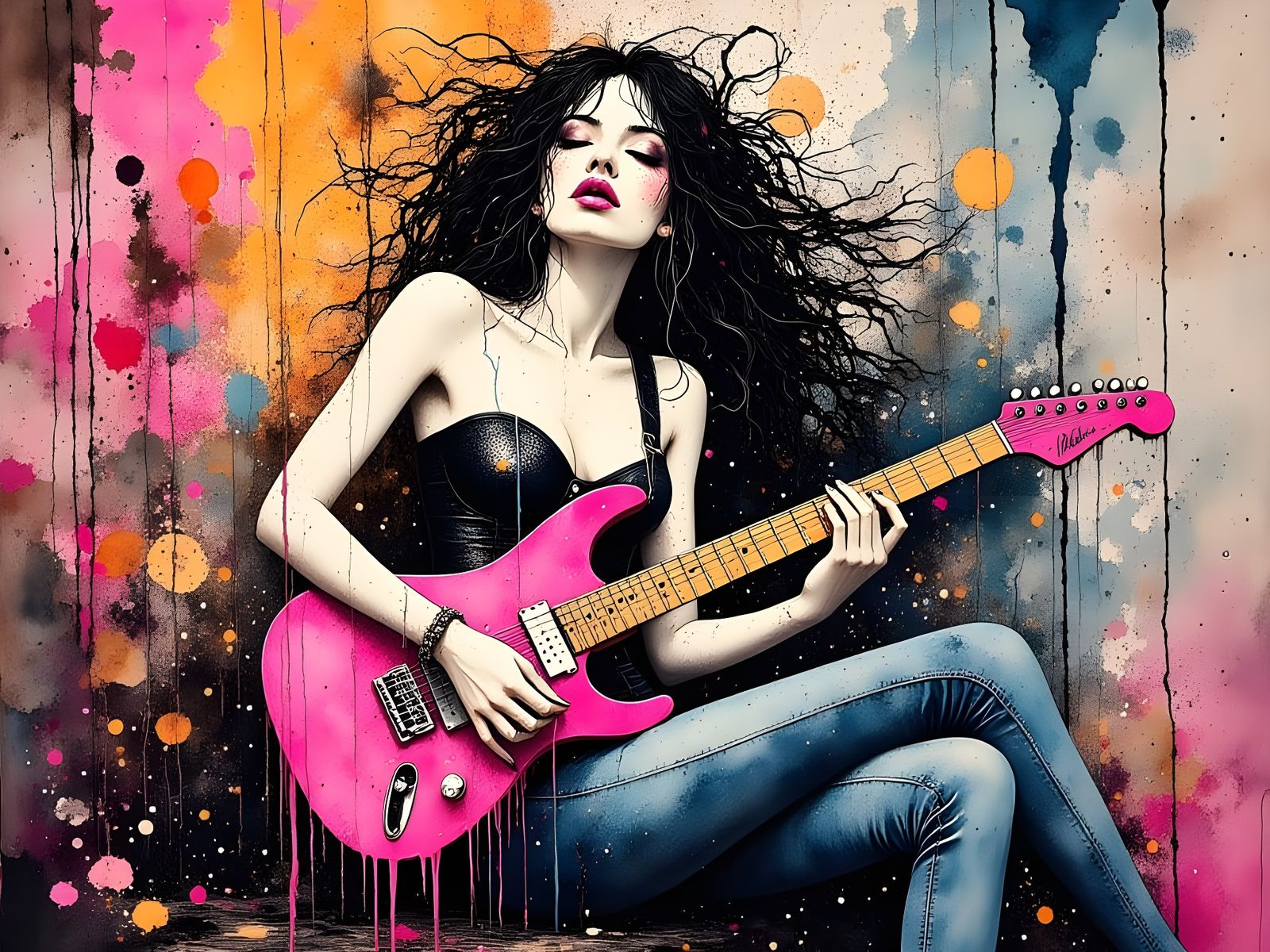 Edgy Punk Rocker Woman Melts with Melting Pink Guitar
