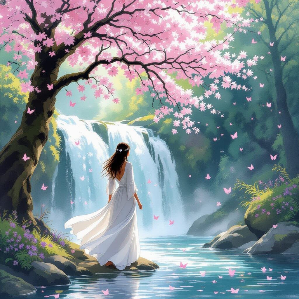 Woman by Waterfall in Whimsical Watercolor Style