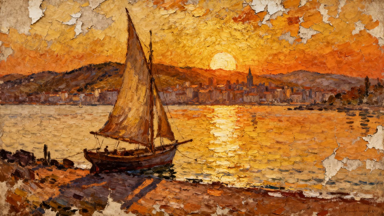Van Gogh Style Bay at Sunset with Sailboat