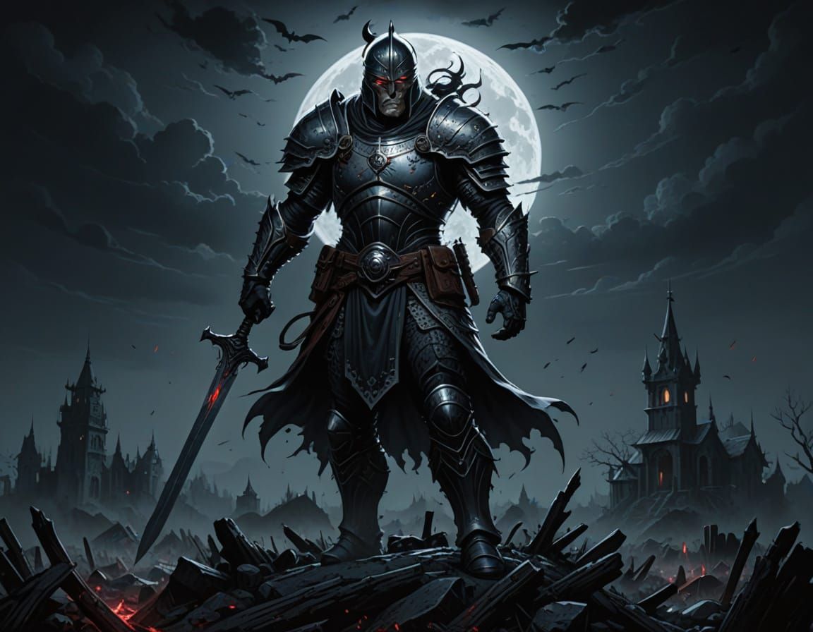 Grim Dark Fantasy Warrior Under Fullmoon in Battleworn Yard