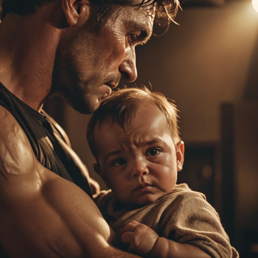 Muscular Arm Cradling Baby in Film Noir Style