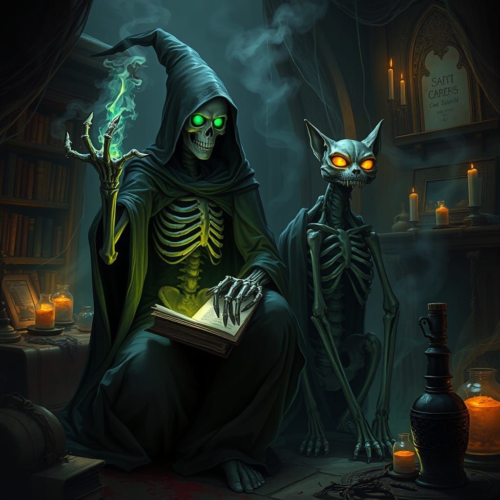 Skeletal Witch and Cat Conjuring Magic in Dark Fantasy