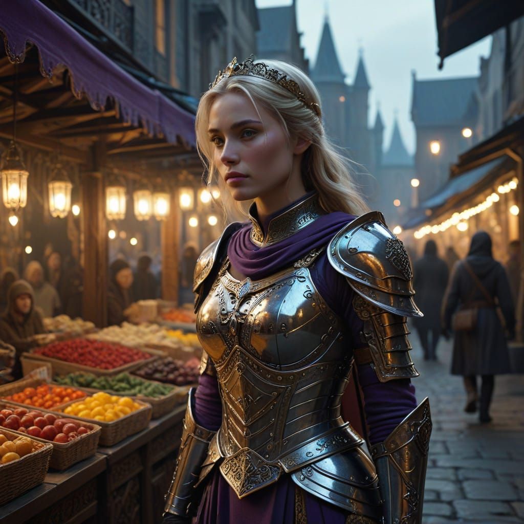 Elegant Warrior Princess Illuminates Medieval Market