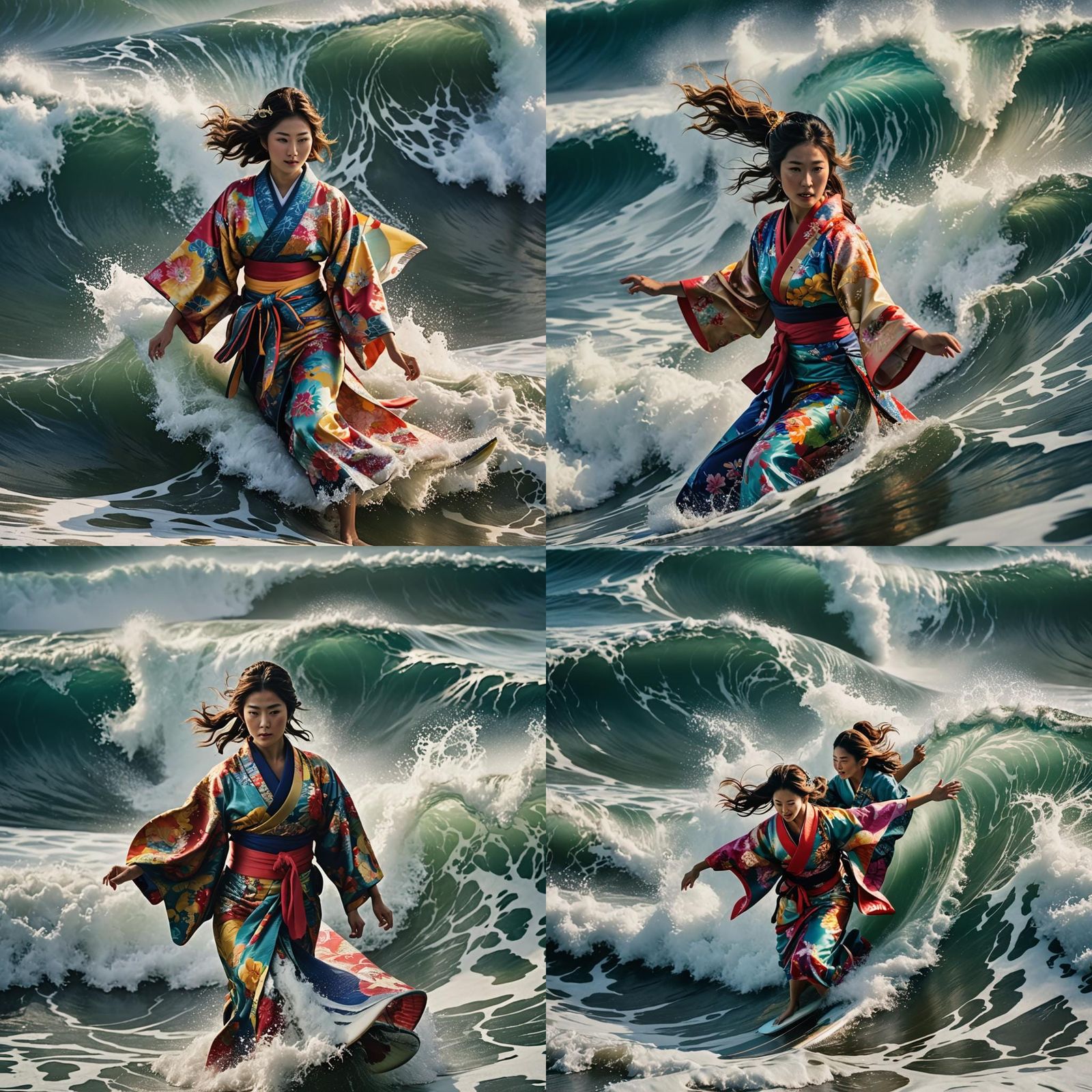 Japanese Woman Surfing in Kimono: Hyperrealistic Portrait
