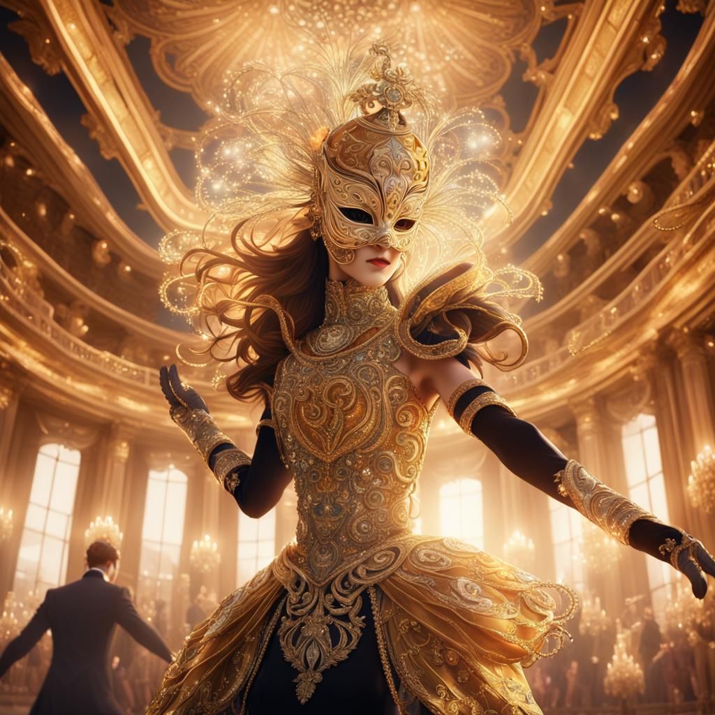 Masked Anime Performer Dancing in Lavish Ballroom