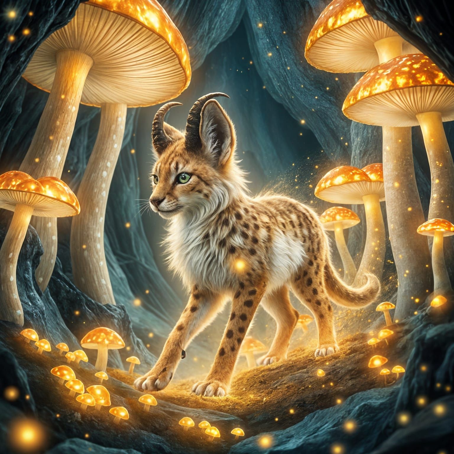 Cosmic Cave Lynx in a Realm of Glowing Mushrooms