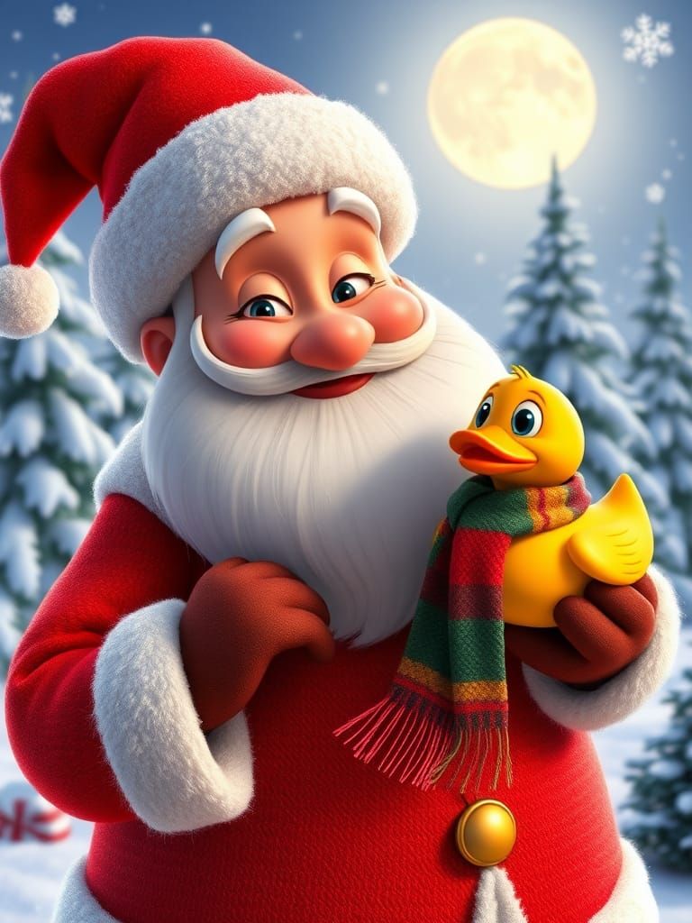 Santa Claus with Rubber Duck in Winter Wonderland