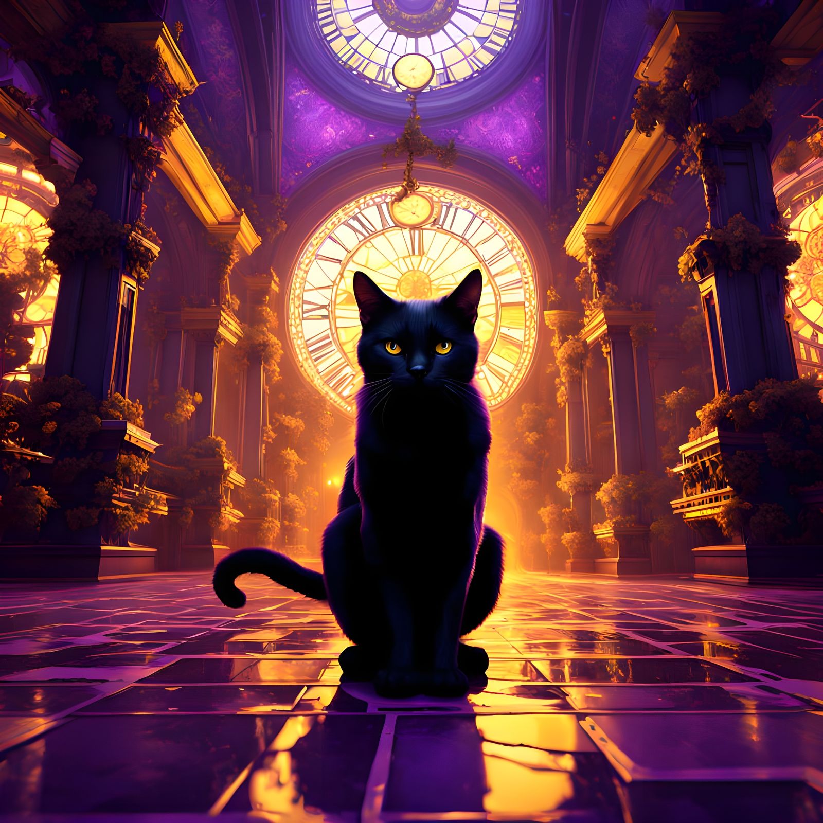 Black Cat in Ornate Hallway of Clocks