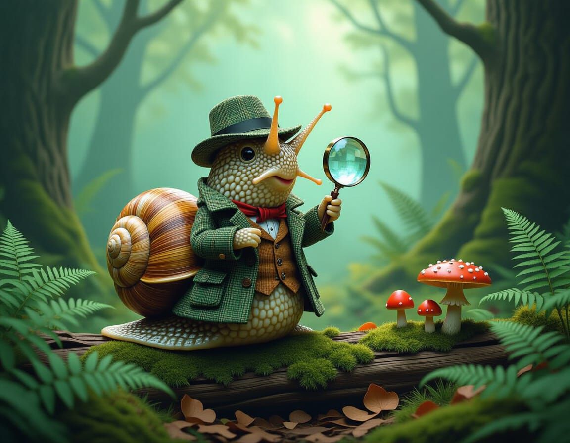 Sherlock Holmes Snail in Whimsical Art Nouveau Forest