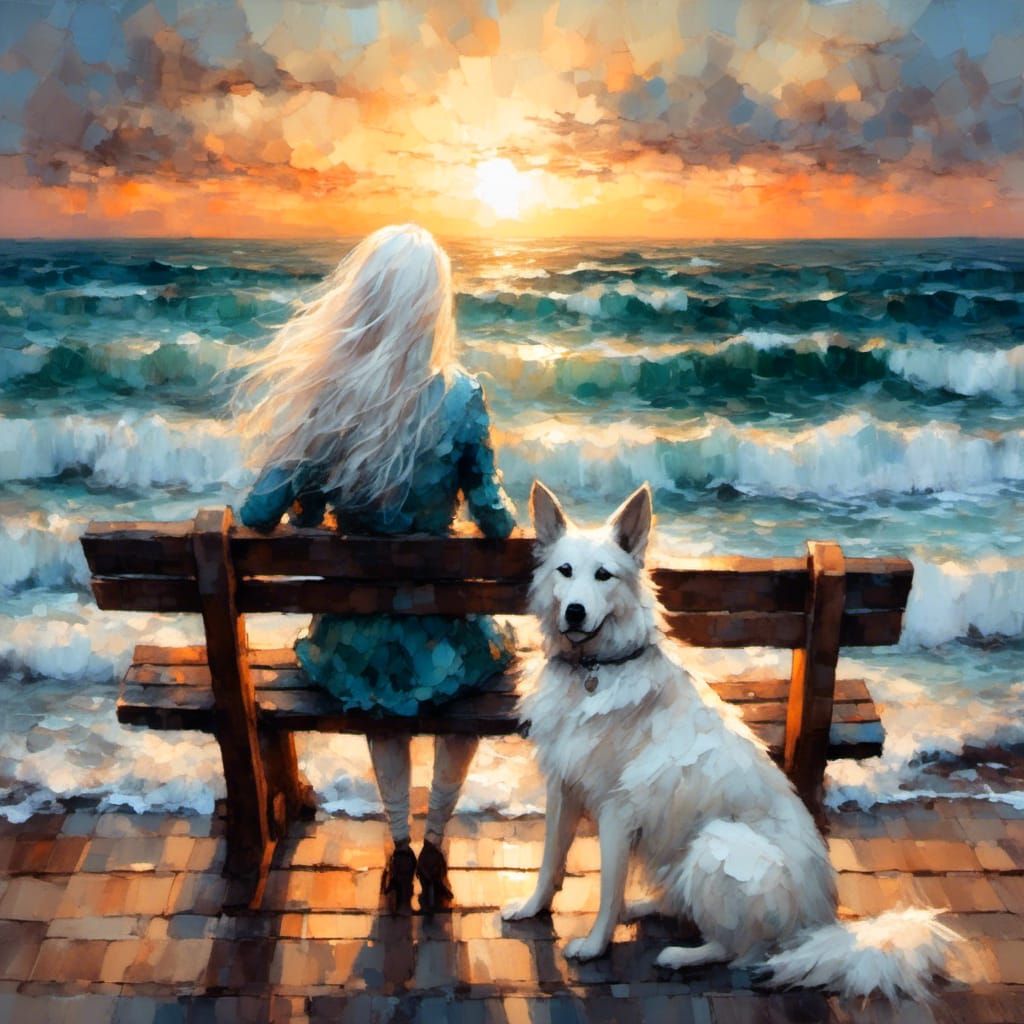 Woman and Dog Watch Sunset as Impasto Oil Painting
