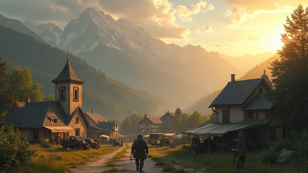 American Military Camp Beside French Village, Matte Painting