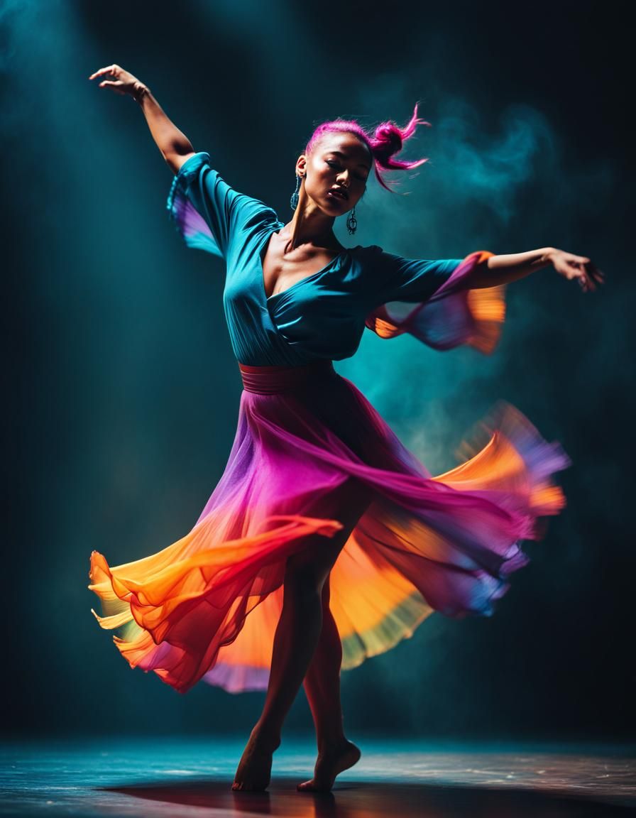 Beautiful One-Legged Woman Dancing with Powerful Colors