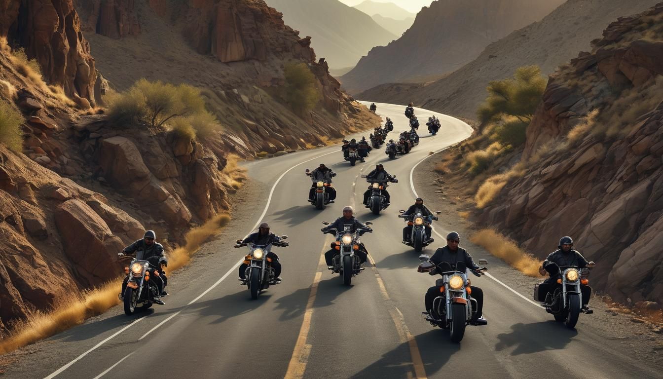 Tough Bikers Ride Custom Harleys Against Sunset Peaks