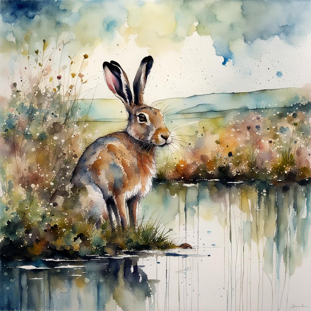 Watercolor Hare by the Water's Edge