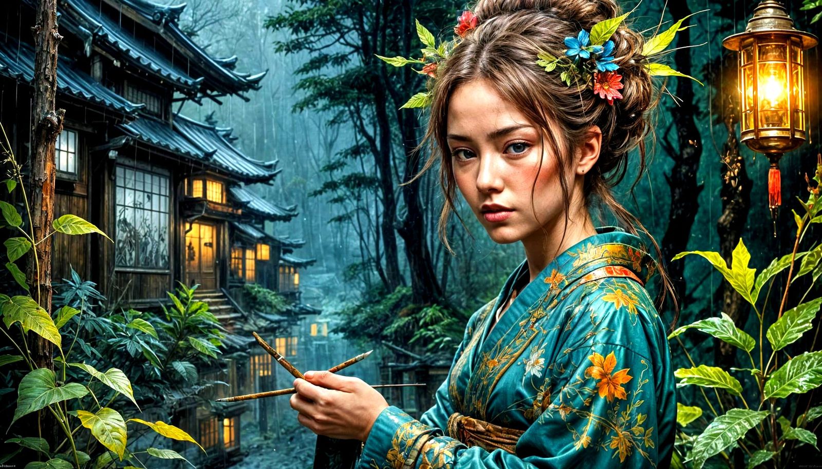 Striking Character in Rustic Japanese Setting on Rainy Night