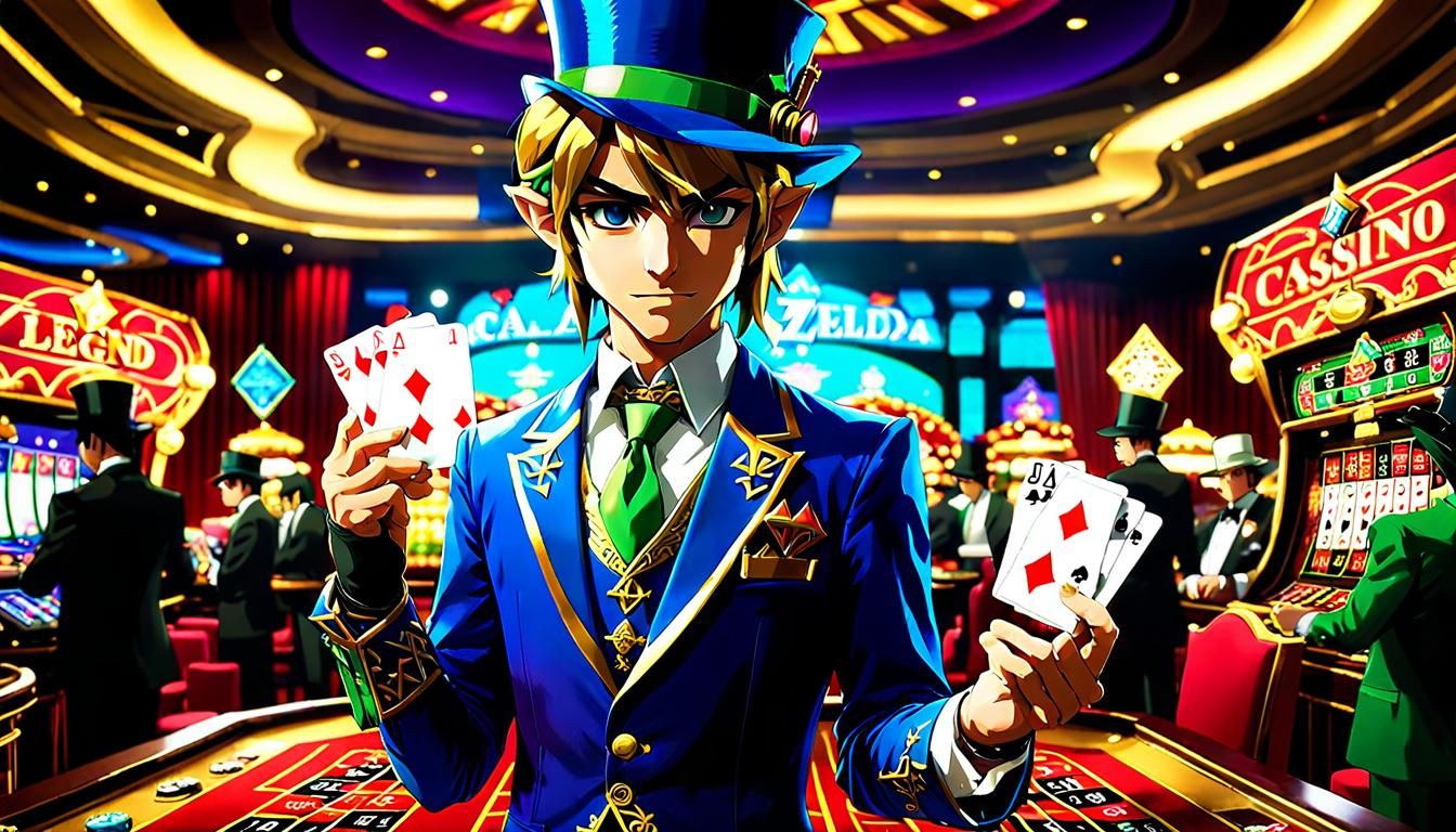 Link in a flashy suit and tophat playing poker at a casino