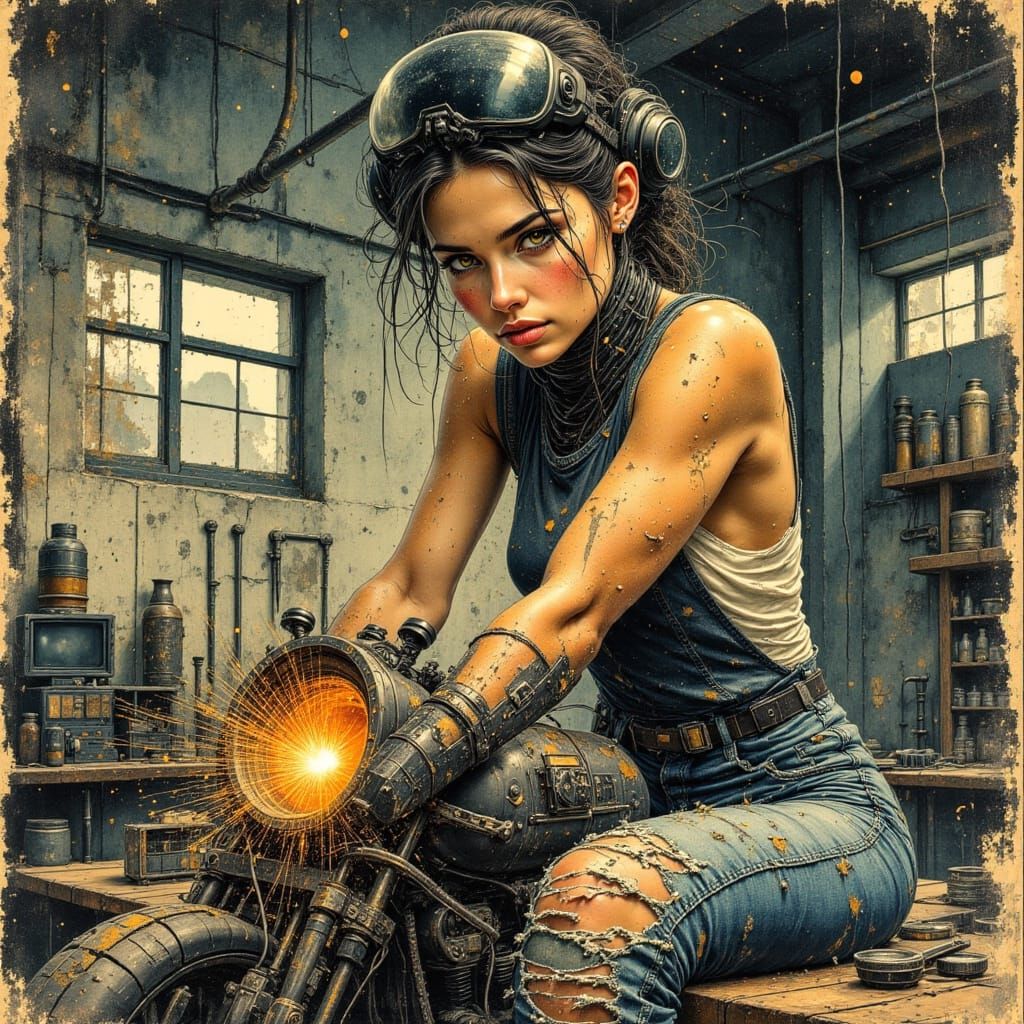 Female Mechanic Working on Hoverbike Engine in High-Tech Gar...