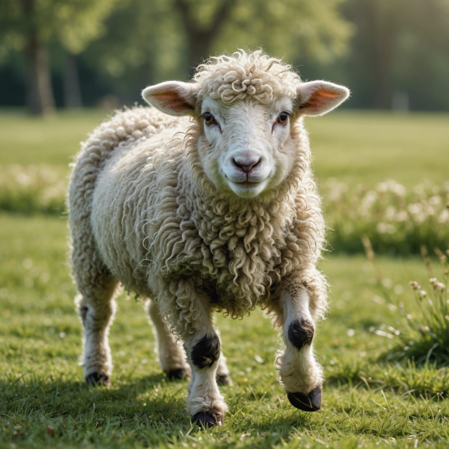 Playful Sheep Trotting on Green Grass: Hyper-Realistic
