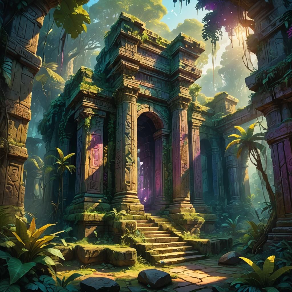Mystical Jungle Temple Ruin in Vibrant Oil Painting Style