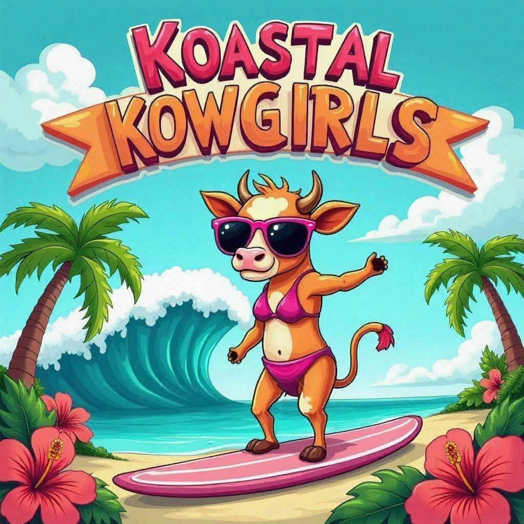 Surfing Cow in Sunglasses Rides Beach Wave