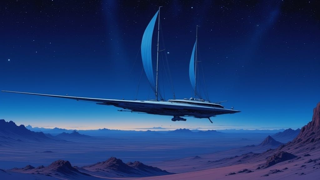 Air-Skiff Sailing Over Dark Desert, Moebius Style