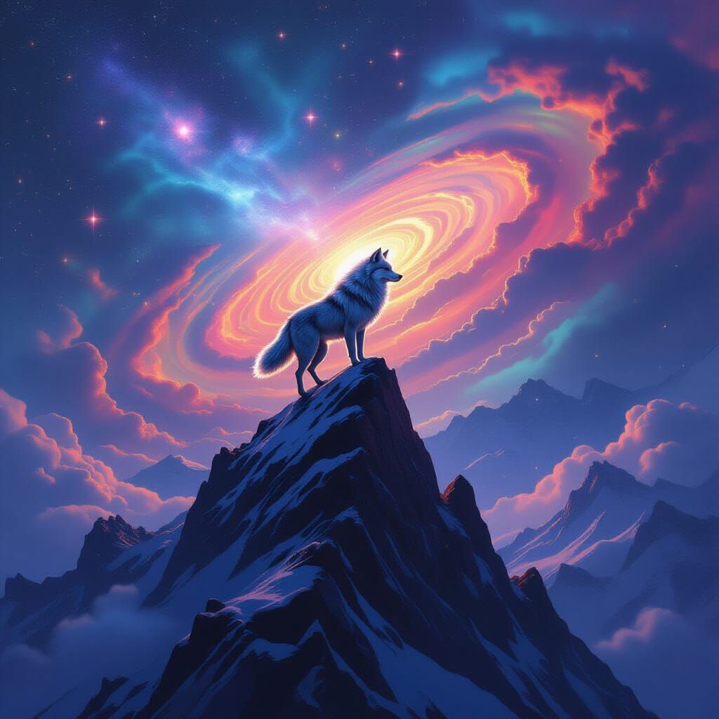 Cosmic Wolf on Mountain Peak in Sci-Fi Style