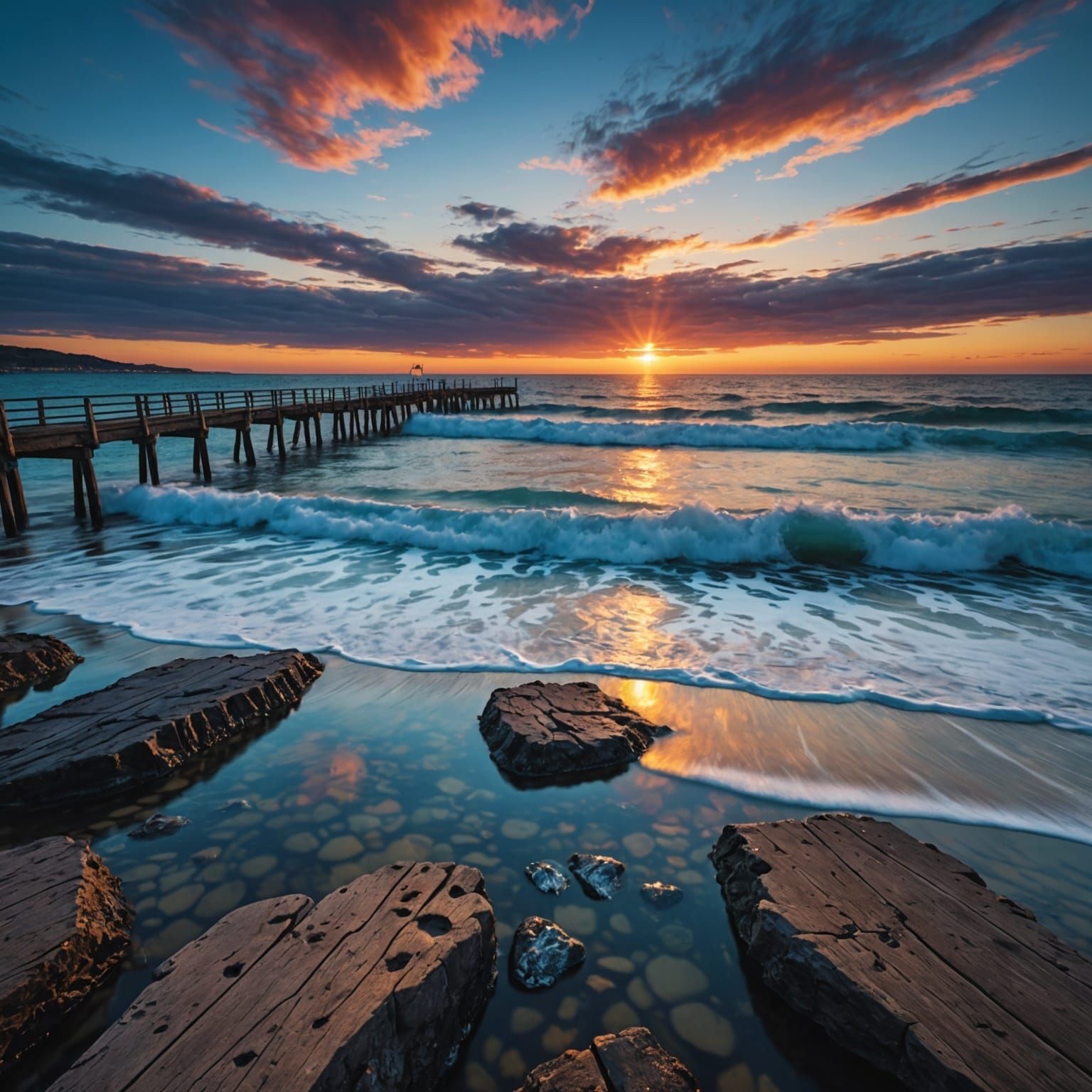 Sunset Shoreline with Pier and Galaxy, Hyperrealistic 8K