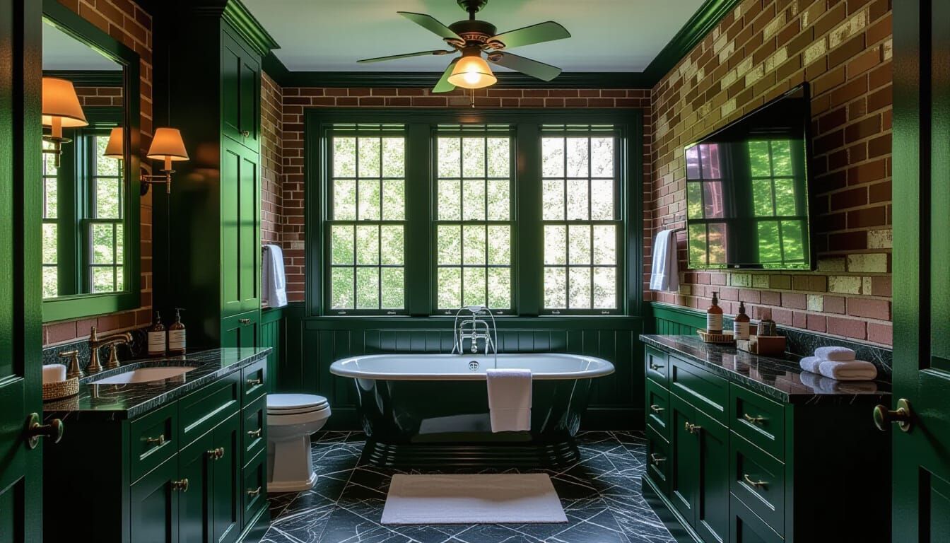 Victorian Bathroom with Cinematic View and Lush Greenery