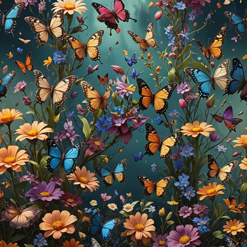 Fantastical Butterflies and Flowers in Detailed Matte Painti...