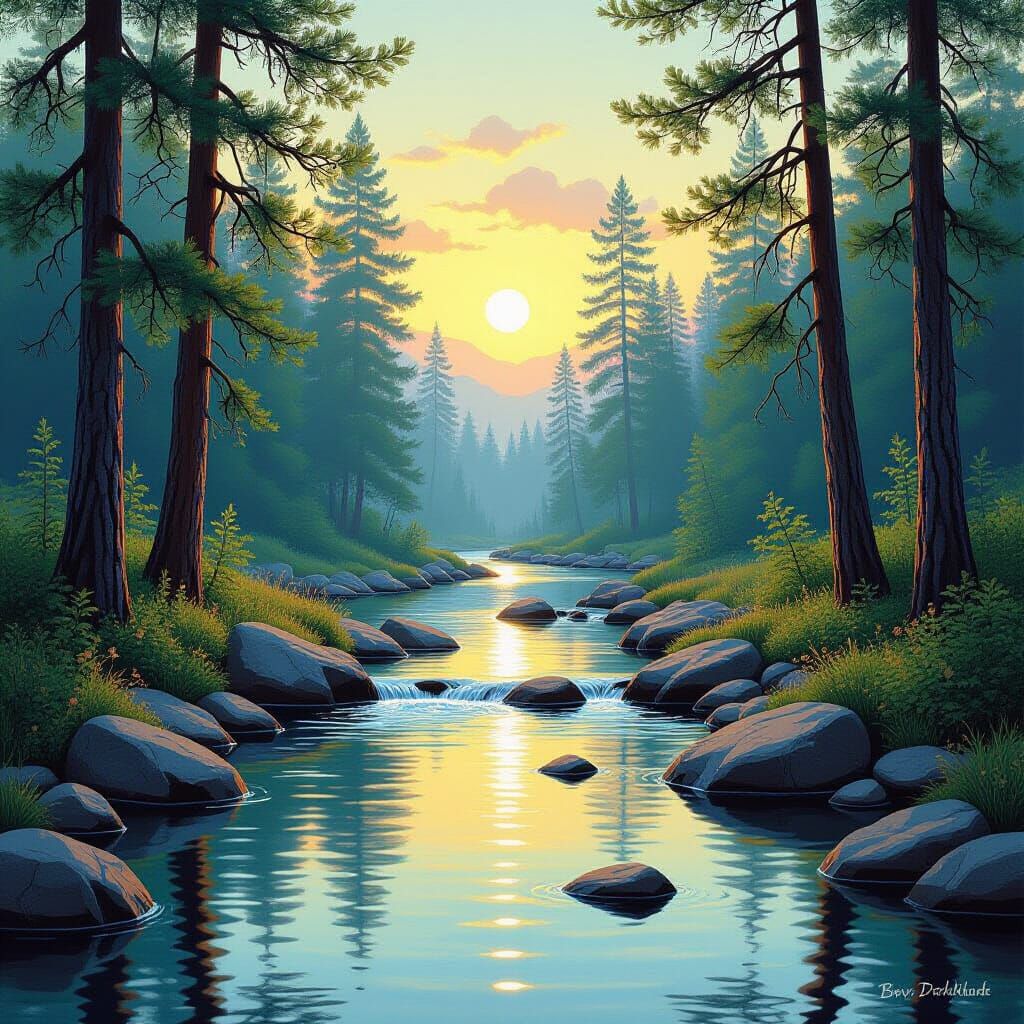 Forest Stream in Watercolor Style