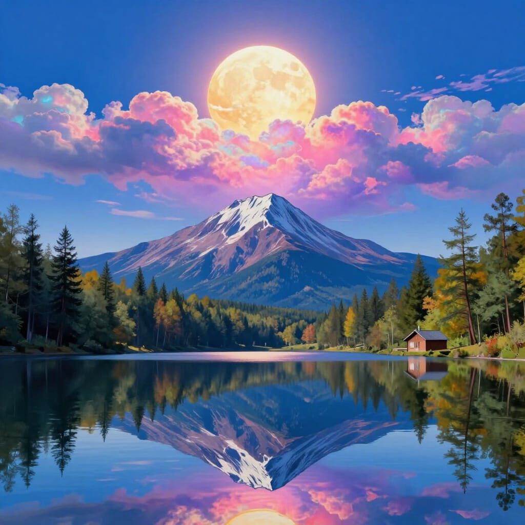 Psychedelic Sun Over Mountain Lake Surrealist Landscape