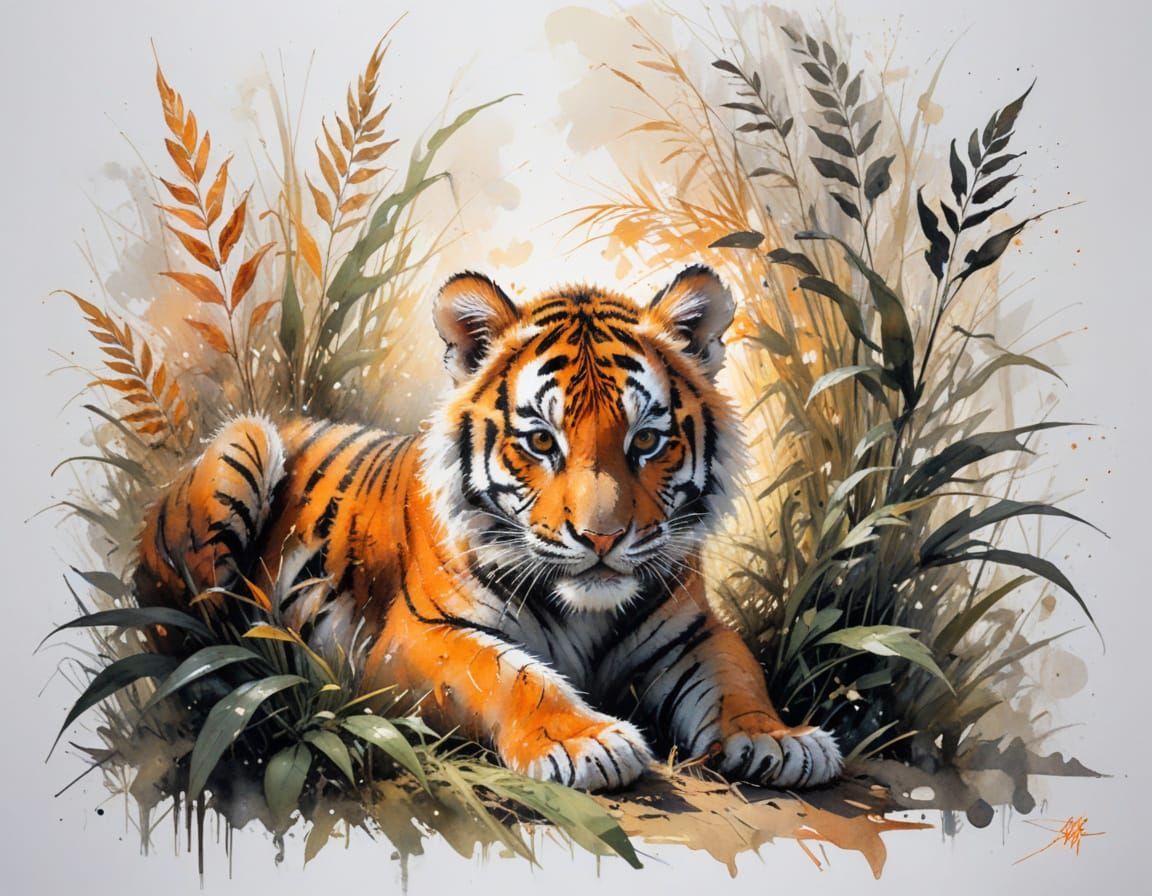 Tiger Cub in Sunlit Grass, Watercolour Style