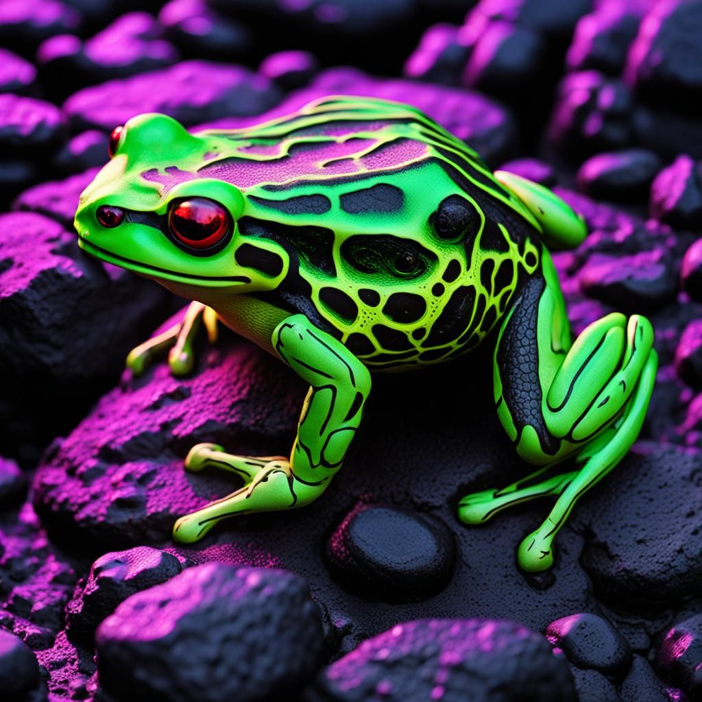 Neon Green Frog on Lava Rock, Photorealistic Macro