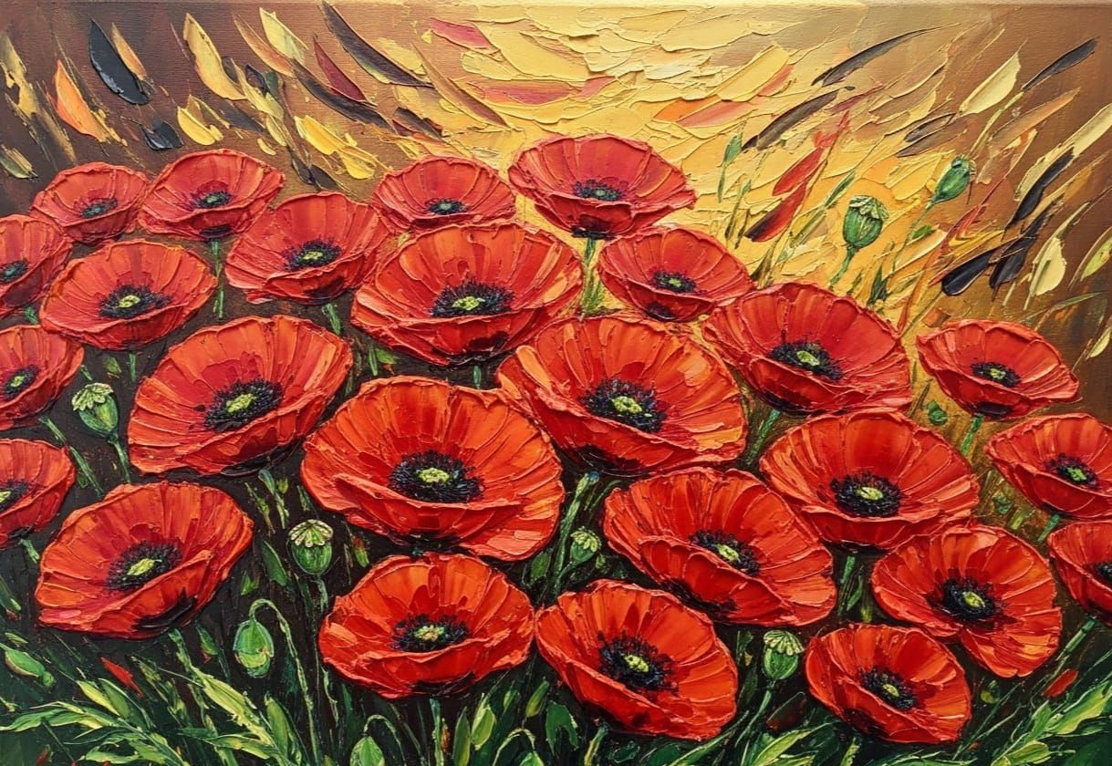 Vibrant Oil Painting of Red Poppies